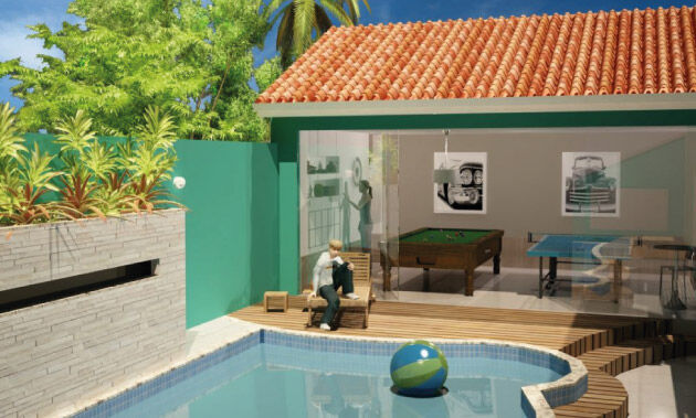 Casa com espaço de lazer nos fundos, com piscina, mesa de sinuca e mesa de ping-pong.